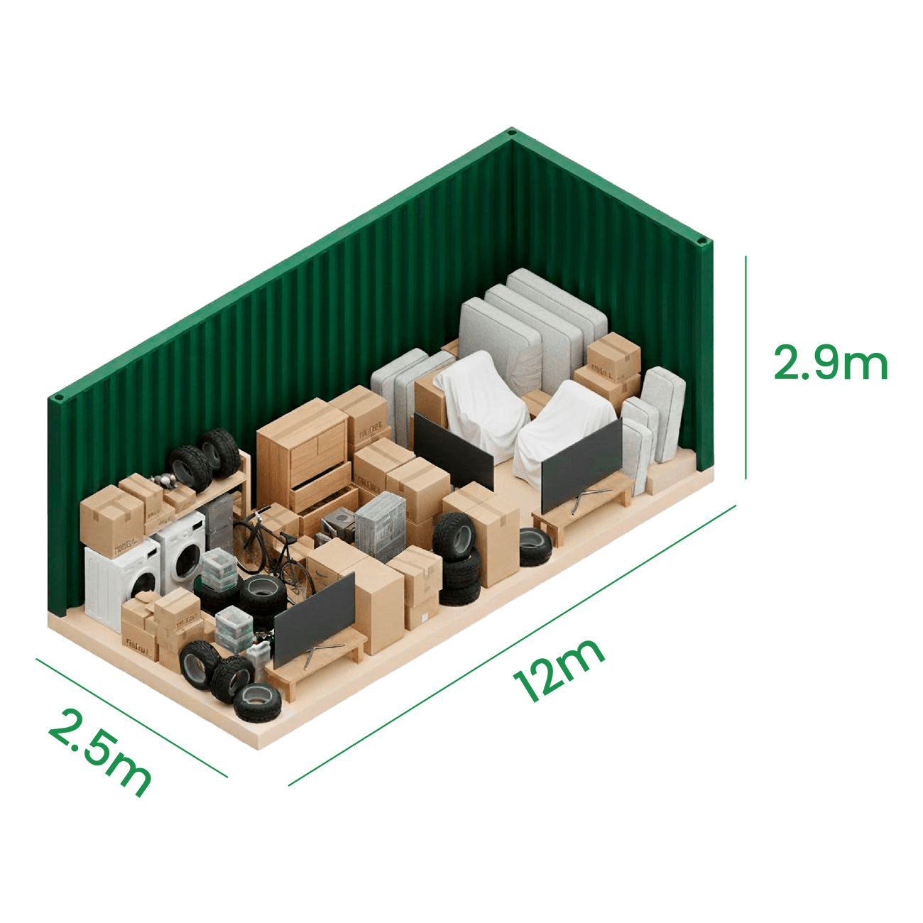 Unidad PLUS de 30 m² vista por dentro, con sus medidas: 2,50 × 12,00 × 2,90 m